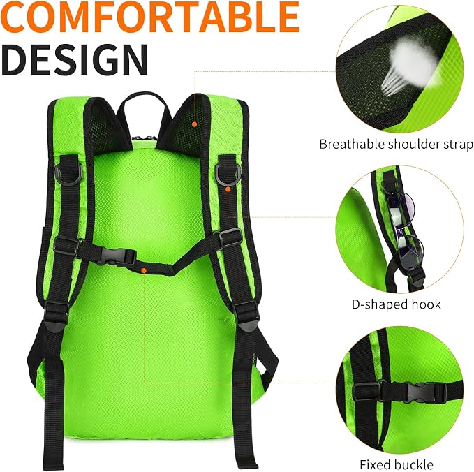 Small Hiking Daypack,15L Water-Resistant Hiking Backpack Packable Lightweight Travel Day Pack for Women Men (LinghtGreen, Small)