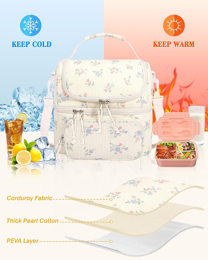 HowFly Lunch Bag for Women Insulated Lunch Boxes Corduroy Resuable Double Deck Lunch Box for Girls Teens Kigs Boys Portable Thermal Cooler Bags for School Work, Purple Floral