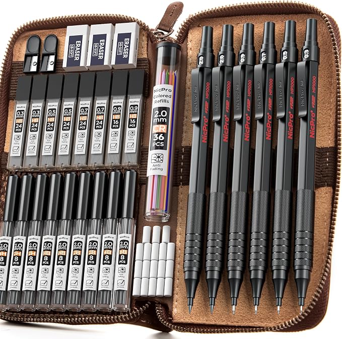 Nicpro 33PCS Black Metal Mechanical Pencil Set in Leather Case | Art Drafting Pencil 0.3/0.5/0.7/0.9/2mm Lead Holders for Sketching Drawing with 18 Tube (6B 4B 2B HB 2H 4H Colors) Lead