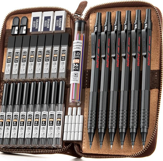 Nicpro 33PCS Black Metal Mechanical Pencil Set in Leather Case | Art Drafting Pencil 0.3/0.5/0.7/0.9/2mm Lead Holders for Sketching Drawing with 18 Tube (6B 4B 2B HB 2H 4H Colors) Lead