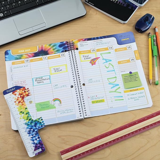Global Datebooks 2026-2027 Middle & High School Student Planner 7" x 9" - Dated Weekly & Monthly Academic Planner w/Ruler/Bookmark & Stickers, Ideal for Homework, Matrix Style, Retro