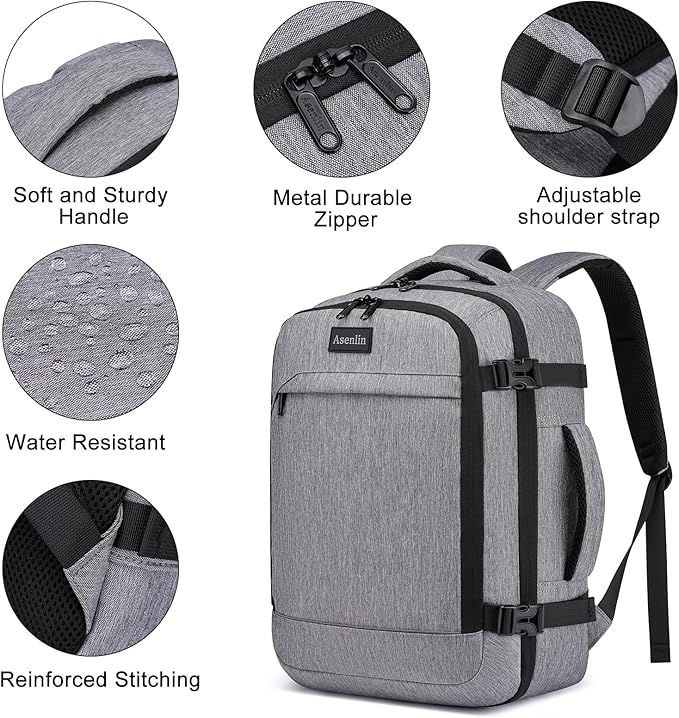 Asenlin Travel Backpack for Women Men,Flight Approved Carry On Luggage 40L Water Resistant Business Laptop Backpacks Fits TSA 17.3 Inch Computer College Weekender Outdoor Hiking-Grey