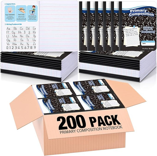 Watersay 200 Pack Primary Ruled Composition Notebook, Grade K-2 Journal 50 Sheets, 7-1/2" x 9-3/4" Primary Composition Book Writing Notebook for Kids Kindergarten Preschool 1st 2nd Grad (Black)