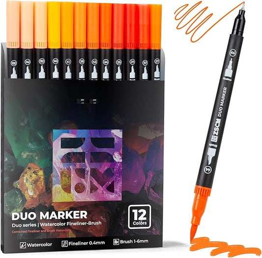 ZSCM Orange Duo Tip Marker Pens, 12 Pack Fine & Brush Markers for Adult Coloring Books No Bleeding, Sunset Orange Markers for Autumn Scenes, Citrus Fruits, Vibrant Fills and Energetic Artworks