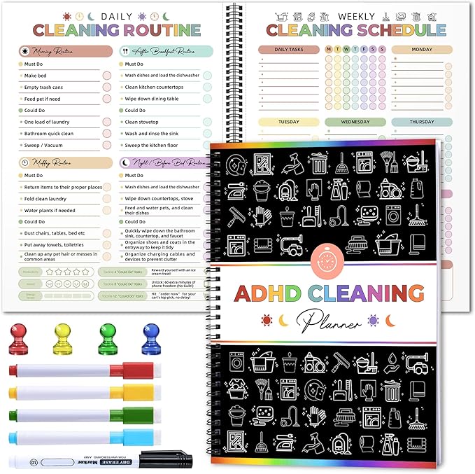 Adhd Cleaning Planner - Reusable Adhd Cleaning and Organizing Planner Dry Erase - 2026 Tidy Minds ADHD Cleaning Planners for Adults Women - Daily Weekly Monthly Household Schedule Planner & Checklist