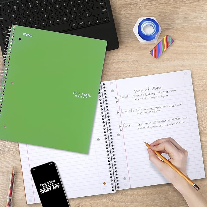 Five Star Spiral Notebook + Study App, 1 Subject, Wide Ruled Paper, 8" x 10.5", 100 Sheets, Green (Color May Vary) (930010CE1)