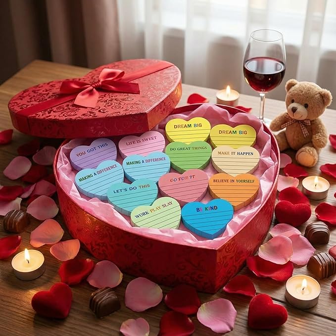 Teling 24 Pack Valentine's Day Sticky Notes Heart Lined Sticky Notes Inspiration Cute Self Adhesive Love Memo Pads for Galentines Party Exchange Gifts Home Office School 3x3 Inch