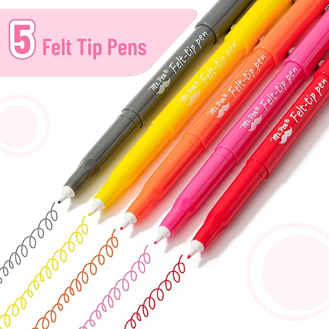 Mr. Pen- Felt Tip Pens, 5 Pack, 0.7 mm, Colorful Felt Tip Pens, Fast Dry, No Smear, Planner Markers for Underlining, Writing, Drawing, Journaling Supplies