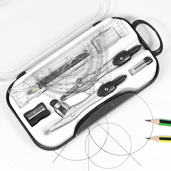Unjoo Math Geometry Kit Sets 10 Piece Student Supplies with Shatterproof Storage Box,Includes Rulers,Protractor,Compass,Eraser,Pencil Sharpener,Lead Refills,Pencil,for Drafting and Drawings（Black）
