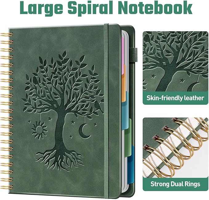 Ovesmusl Hardcover Spiral Notebook 8.5" x 11" with 5 Removable Dividers 300 Pages Leather 5 Subject Notebook College Ruled 100GSM Large Spiral Notebooks for Work Thick Lined Journal for Women, Green