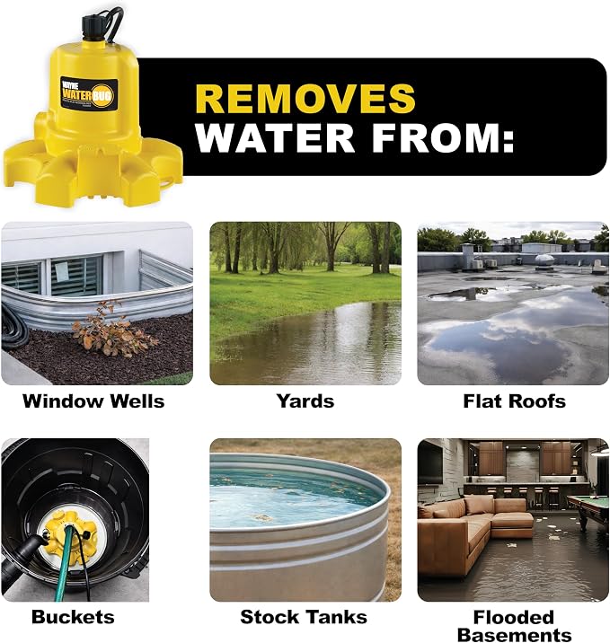 WAYNE - WaterBUG 1/6 HP 1350 GPH Submersible Pump with Multi-Flo Technology - Water Removal and Transfer Pump, Yellow