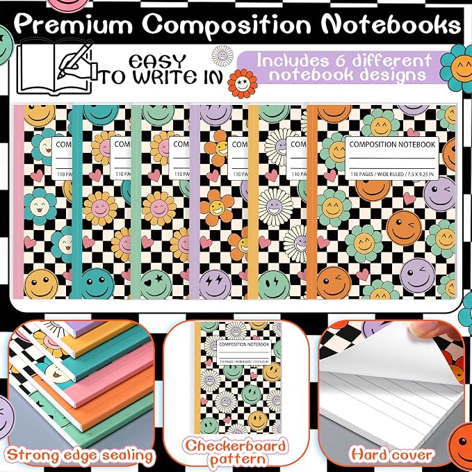 Fullhawl 6 Pcs Composition Notebook Wide Ruled Cute Preppy Black White Checkered Aesthetic Notebook for Back to School 110 Page 9-3/4 x 7-1/2" Journal Gift for First Day of School, Student, Teacher