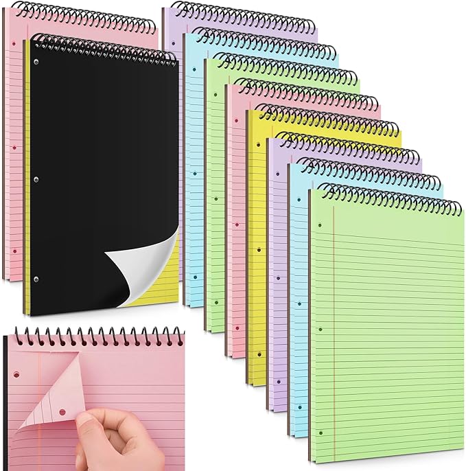 MotiMind 10 Pack 8.5" x 11" Top Spiral Notebook with 3 Hole Punched Multicolor Legal Pads College Ruled Notepad 50 Sheets Hard Cardboard Paper Wirebound Notepad for Office School Business