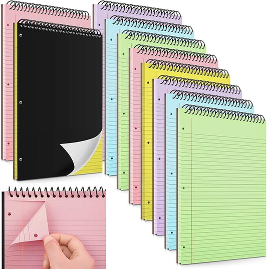 MotiMind 10 Pack 8.5" x 11" Top Spiral Notebook with 3 Hole Punched Multicolor Legal Pads College Ruled Notepad 50 Sheets Hard Cardboard Paper Wirebound Notepad for Office School Business