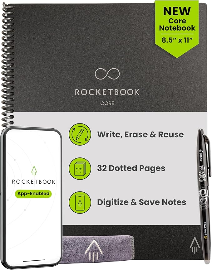 Rocketbook Core Reusable Smart Notebook, Dot Grid Pages For School, Work and Creative Projects, Letter Size 8.5x11, Black - Premium