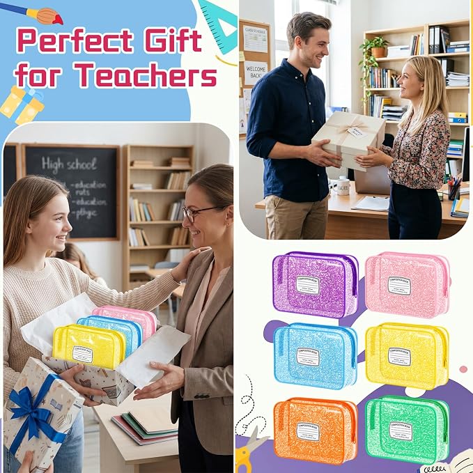 Suclain 12 Pcs Back to School Teacher Gift, Teacher Survival Kit Bag, Colorful Composition Book Zipper Cosmetic Pouches, Transparent PVC Pencil Case Waterproof Toiletry Makeup Bag for School Supplies