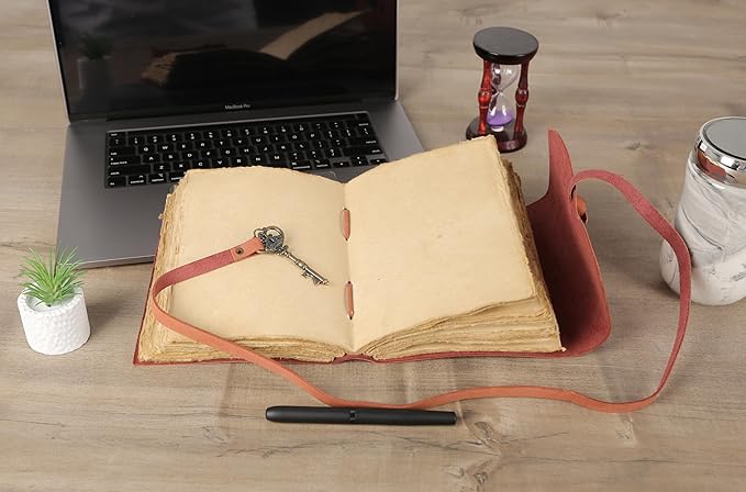 Leather Journal with Deckle Edge Paper 8x6 inch and Vintage Key | Handmade Writing Notebook Diary | Bound Daily Notepad for Men & Women Medium, Sketch/Writing pad for Artists
