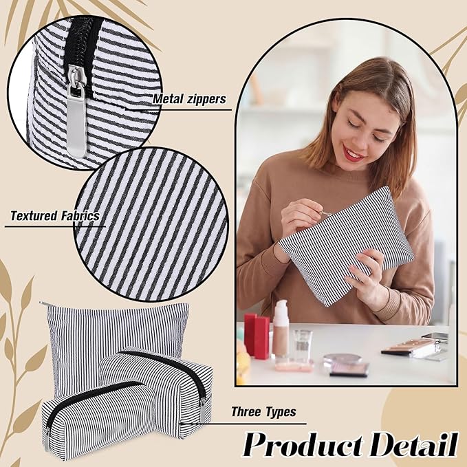 Huhumy 3 Pcs Makeup Bag Set Cute Stripe Cosmetic Pouch for Women Aesthetic Seersucker Travel Toiletry Bag Set Preppy Small Makeup Purse Pouch Cosmetic Organizer Pencil Case with Zipper(Black)