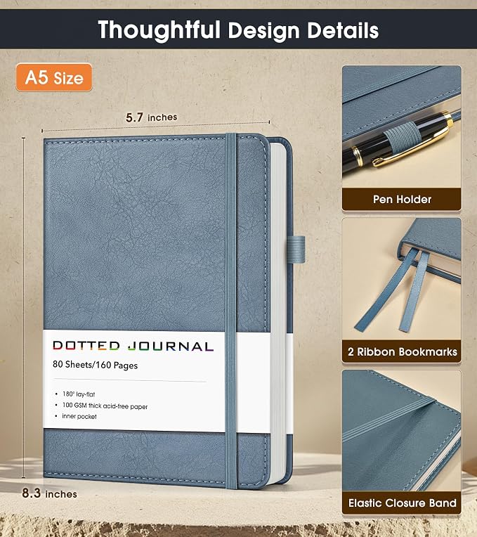 Dotted Journal Notebook, A5 Leather Hardcover, 160 Pages, 180° Lay-Flat Binding, 100 GSM Thick Paper, Dot Grid for Bullet Journaling, Planning & Daily Organization (Dusty Blue)
