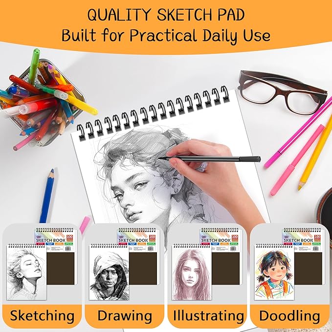 WINNER 9" x 12" Sketch Book 4 Pack, 400 Sheets Spiral Bound Art Sketchbook, 68lb/100gsm White Acid Free Drawing Pad, Sketching Drawing Writing Sketch Pad for Kids, Adults & Artists, Art Supplies