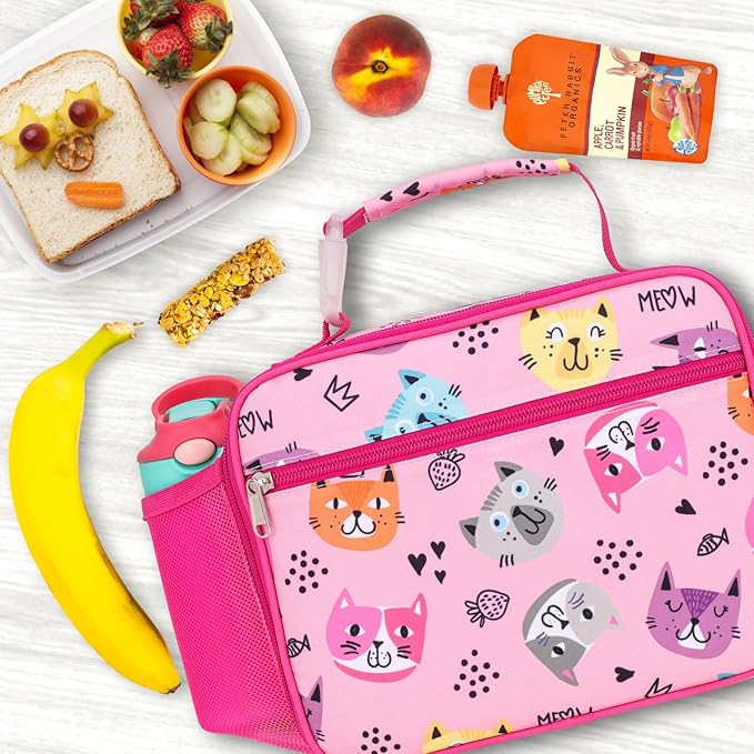 Bagseri Kids Lunch Bag Girls - Thermal Insulated Lunch Box Tote with Water Bottle Holder, Reusable Leak-Proof Kids Lunch Box for Daycare & School, Pink Cat (Containers Not Included)