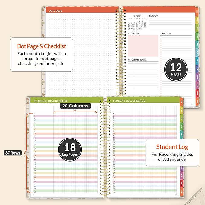 SUNEE Deluxe Teacher Planner 2026-2027, Lesson Planner Book with 7 Periods Jul 2026 - Jun 2027, 8.5" x 11" Weekly and Monthly Organizers with Colorful Tabs, Planning Stickers,120gms Paper,Retro Floral