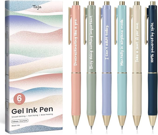 Taja Gel Pens, 6 Pcs Quick Dry Black Gel Ink Pens, 0.5mm Fine Point Smooth Writing Pens for Journaling and Note Taking, Cute Aesthetic Pens for Women & Men-Funny