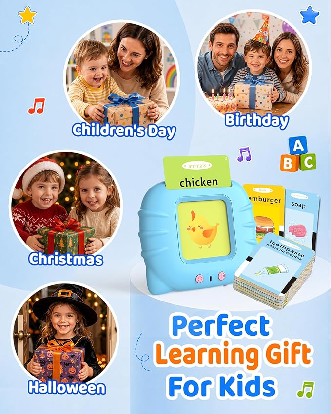 Aullsaty Talking Flash Cards for Toddlers 1-3, Upgraded 248 Sight Words Montessori Speech Therapy Toy, Autism Sensory Educational Learning Toys, Birthday Gift for Boys Girls (Blue)
