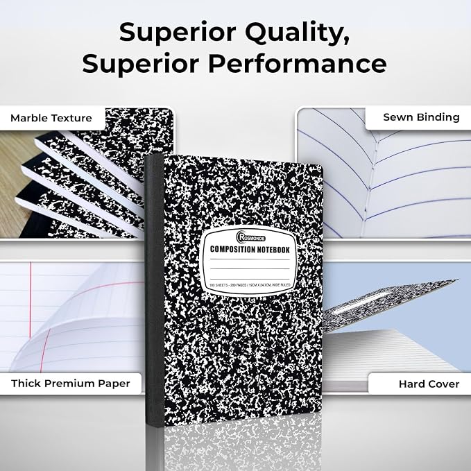 Rosmonde 100 Pack Composition Notebooks Bulk Wide Ruled, 200 Pages (100 Sheets), 9-3/4 x 7-1/2, Hard Cover, Bulk Black Marble Composition Notebook, Bulk Office Notebooks, Bulk Notebooks School Supplies