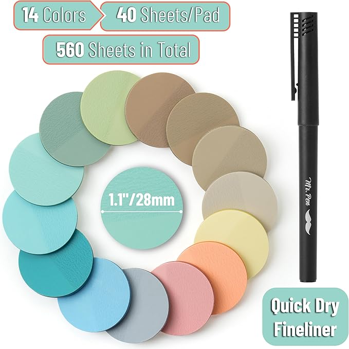 Mr. Pen- Round Transparent Sticky Notes, 1.1” Diameter, 14 Pads, 560 Sheets, Colorful, Water-Resistant See-Through Sticky Notes & Fineliner, Smooth Writing, Note Tabs for Bible Journaling, Studying