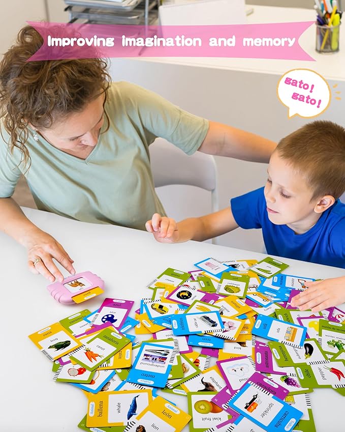 510 Words Spanish Flash Cards for Kids, Autism Toys for Toddlers, Speech Therapy Toys, Educational Learning Flash Cards for Boys and Girls Pink(Spanish/English/Bilingual)