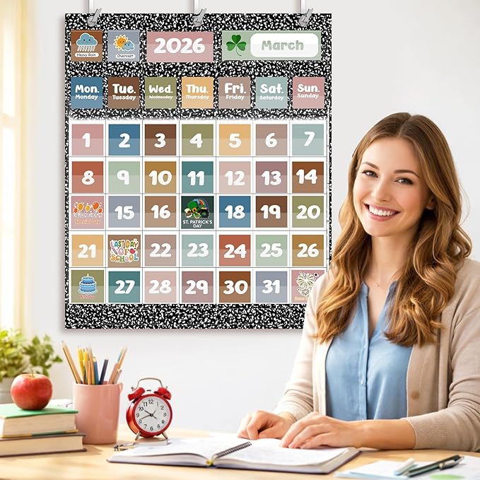Tinlade Classroom Calendar Pocket Chart Set with 115 Cards 24 x 28 Inch Modern Minimalist Calendar Bulletin Board Pocket 2026–2033 Festival Weather Teacher Supplies for Classroom Wall Decoration