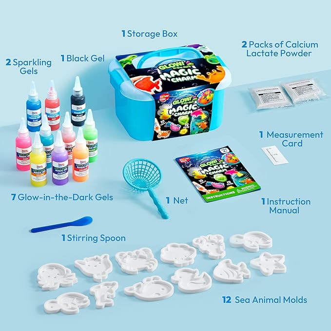 Klever Kits Glow-in-The-Dark Water Gel Kit, Magic Fairy Water Pets Toy Kit with 10 Gels(7 Glow-in-The-Dark Gels), 12 Molds, Preserving Bottle, DIY STEM Craft Kits, Arts and Crafts for Kids