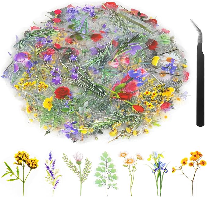 36 Sheets Flower Stickers for Scrapbooking,576 Pcs Self-Adhesive Transparent Flower Stickers Scrapbook Supplies Journaling for Adult Card Making Letters DIY Water Bottle Cards Decoration