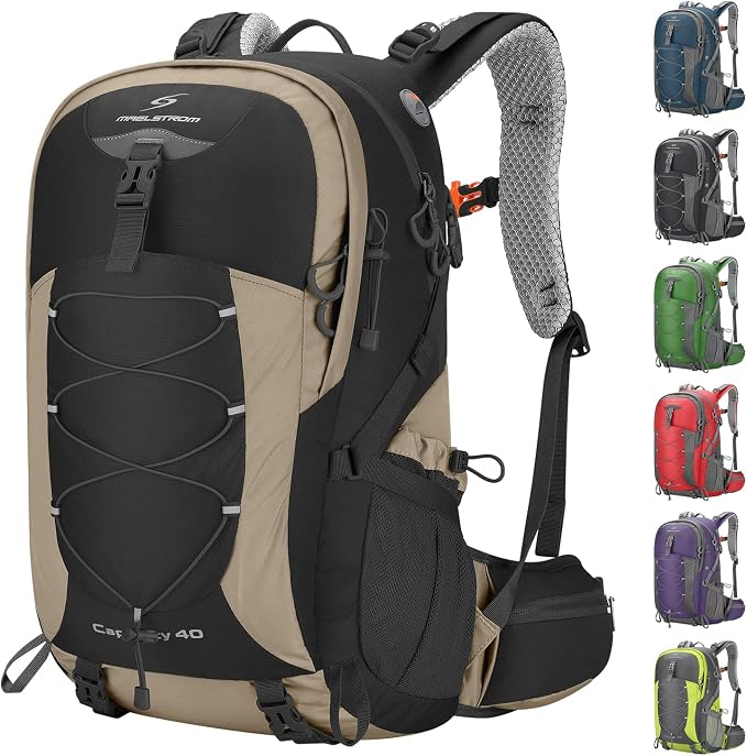 Maelstrom 40L Hiking Backpack, Lightweight Camping Daypack with Rain Cover | Water-Resistant Rip-Stop Nylon, Wet/Dry Separation, Multi-Pockets, Survival Whistle. Ideal For Men, Women, Travel, Trekking