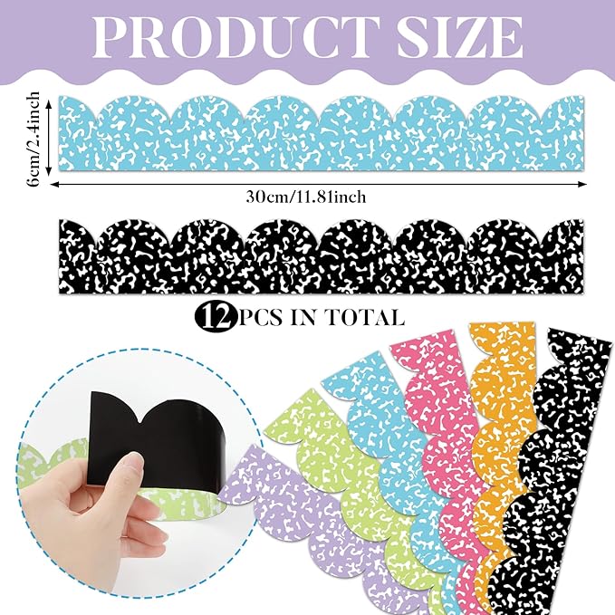 Composition Notebook Magnetic Bulletin Board Borders Colorful Composition Notebook Scalloped Magnetic Border Strips Back to School Classroom Decor for Home Office Whiteboard Chalkboard Decor（12 Pcs ）