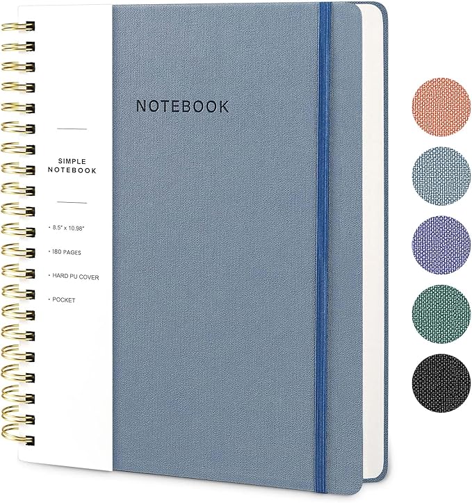 Oneirom Spiral Notebook - 8.5 x 10.98 Inch Large Hard Cover Notebook with Elastic Band & Pocket, 180 Pages, Lay Flat Wirebound Journal for Work, School, Planning & Note Taking ReefBlue