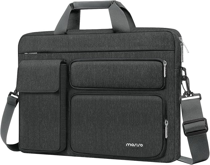 MOSISO Laptop Shoulder Bag 15.6 inch, 15-15.6 inch Computer Bag Compatible with MacBook Pro 16 inch, HP, Dell, Lenovo, Notebook with 2 Raised&1 Flapover&1 Horizontal Pocket&Handle&Belt, Charcoal Gray