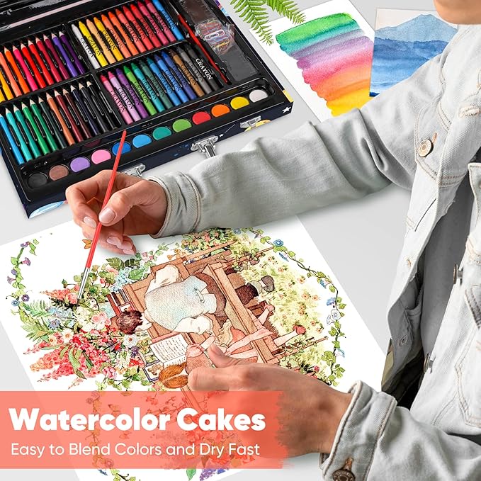 Soucolor 183-Pack Cute Preppy Stuff School Office Teacher Supplies: 48 ct Crayons, 24 Oil Pastels, 24 Drawing Pencils, Art Markers, Watercolor Cakes, Sketch Papers, Classroom Must Have, Stocking Stuff