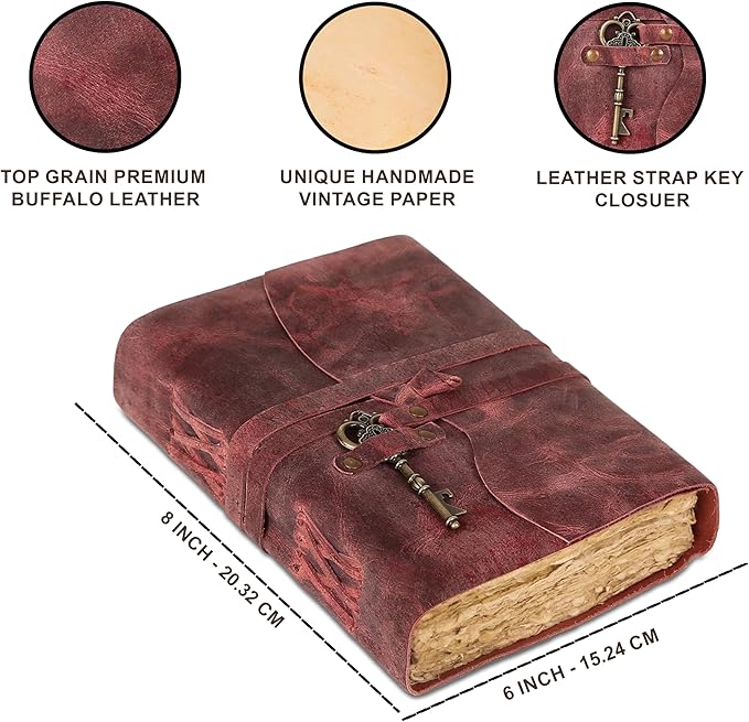 Leather Journal with Deckle Edge Paper 8x6 inch and Vintage Key | Handmade Writing Notebook Diary | Bound Daily Notepad for Men & Women Medium, Sketch/Writing pad for Artists