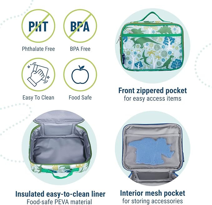 Wildkin Kids Insulated Lunch Box, Keeps Food Hot or Cold, BPA-Free with Mesh Pockets & Easy-Clean Lining – Ideal for School, Travel & Daycare – Dinomite Dinosaur