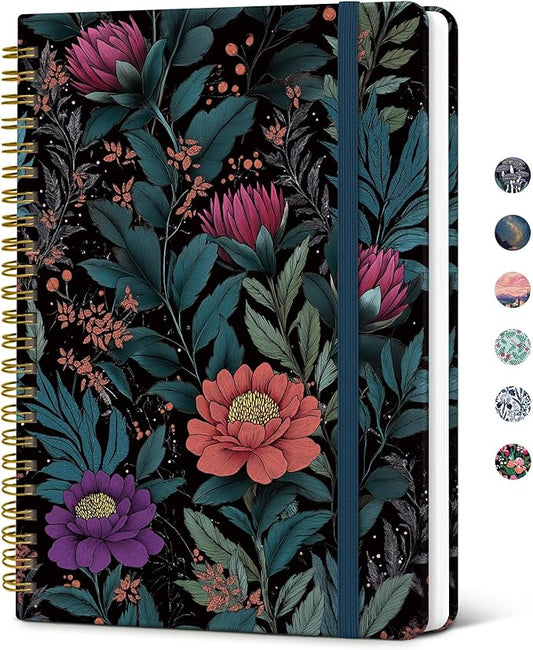 Taja Lined Spiral Journal Notebook for Women, Pretty College Ruled Notebook for Work & Note Taking, A5 Hardcover Journal for Writing, Cute Aesthetic 140 Pages, Velvet Botanicals