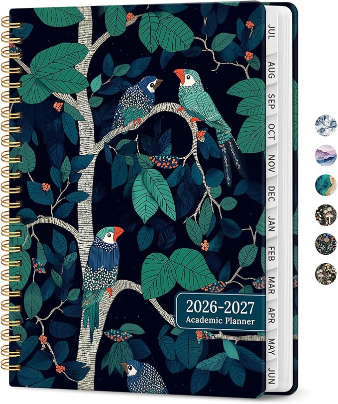 Planner 2026-2027, Academic Monthly and Weekly Calendar Planner for Women, July 2026 - June 2027, Hardcover Pretty Agenda Planner Book with Tabs, Spiral Daily Organizer for School Office Home Supplies, 6.3" x 8.5" - Midnight Aviary