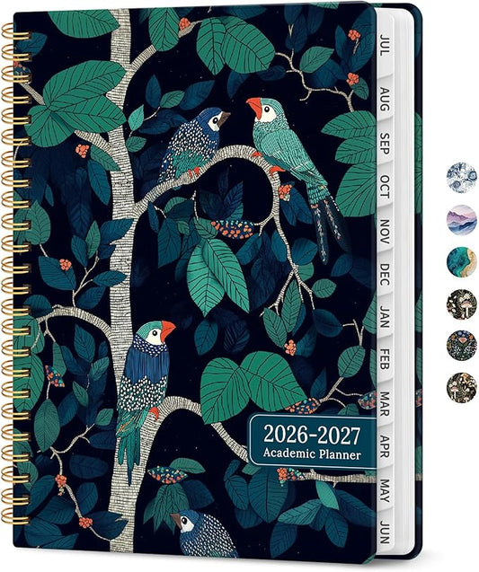 Planner 2026-2027, Academic Monthly and Weekly Calendar Planner for Women, July 2026 - June 2027, Hardcover Pretty Agenda Planner Book with Tabs, Spiral Daily Organizer for School Office Home Supplies, 6.3" x 8.5" - Midnight Aviary