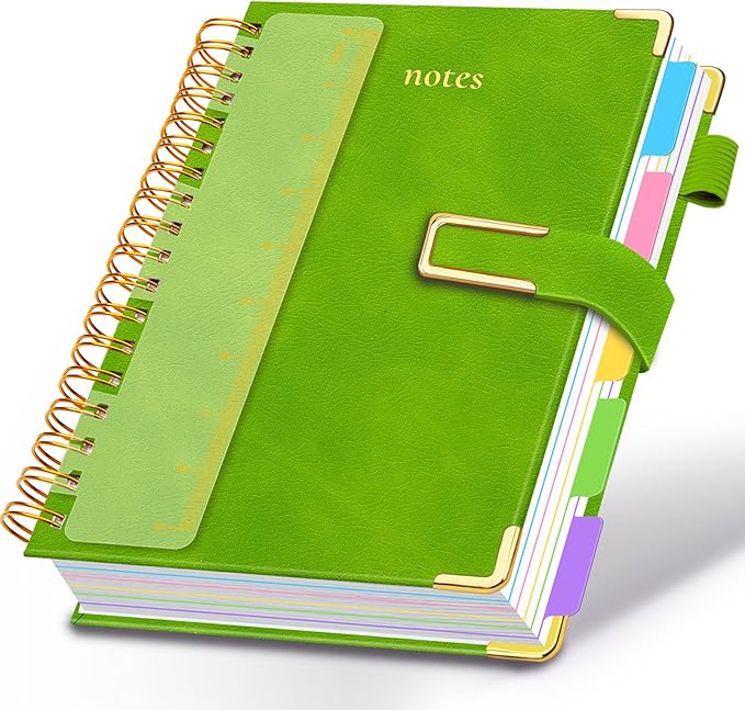 Hardcover Spiral Notebook College Ruled, 8"x10" Leather Journal Notebook with Magnetic Closure, 300 Pages 5 Subject Notebook with Dividers Tabs Journal for Women Men, Work, School(Grass Green)