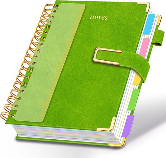 Hardcover Spiral Notebook College Ruled, 8"x10" Leather Journal Notebook with Magnetic Closure, 300 Pages 5 Subject Notebook with Dividers Tabs Journal for Women Men, Work, School(Grass Green)
