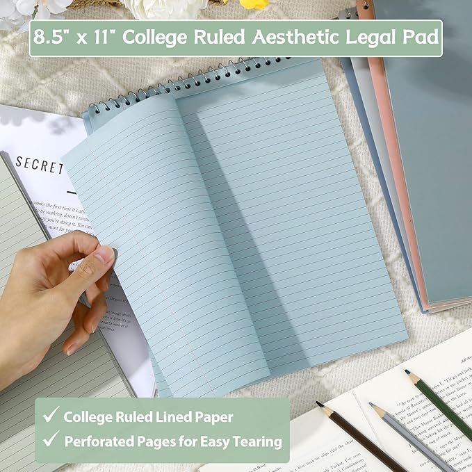 gisgfim 6 Pcs Neutral Top Bound Spiral Notebooks 8.5" x 11" College Ruled Aesthetic Legal Pad Steno Pads Colored Paper Assorted Covers Wirebound Notepad for Writing School Office Supplies