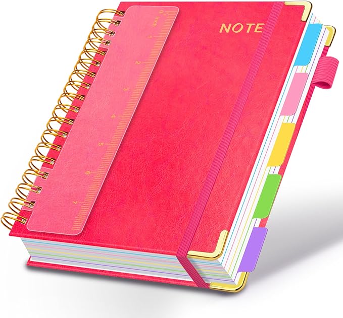 Hardcover Spiral Notebooks for Work 6.2"x 8.2", 300 Pages 5 Subject Notebook with Dividers & Tabs, A5 Spiral Journal for Women, College Ruled Notebook for School Note-Taking (Rose Red)