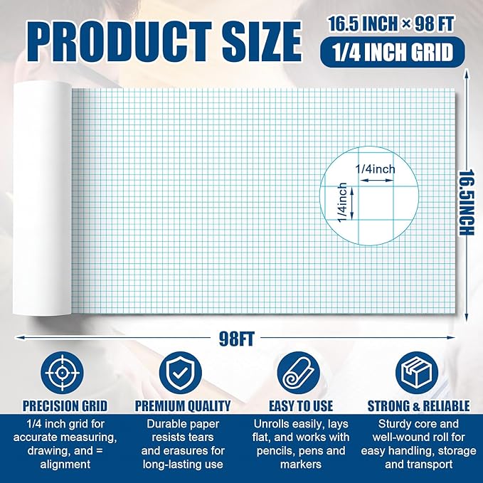 Jetec 1 Roll Large Grid Graph Paper Roll 1/4'' Grid 16.5 Inch x 98ft Engineering Drafting Paper for Blueprint School Classroom Graphing Supplies Engineer Architect Designer Mathematician Gifts