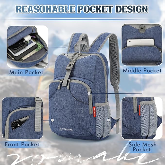 ZOMAKE Lightweight Packable Backpack, 10L Small Foldable Daypack for Hiking | Water Resistant Collapsible Backpacks for Women Men, Everyday Carry, Multi Compartment Storage,Adjustable Strap(Navy Blue A4)